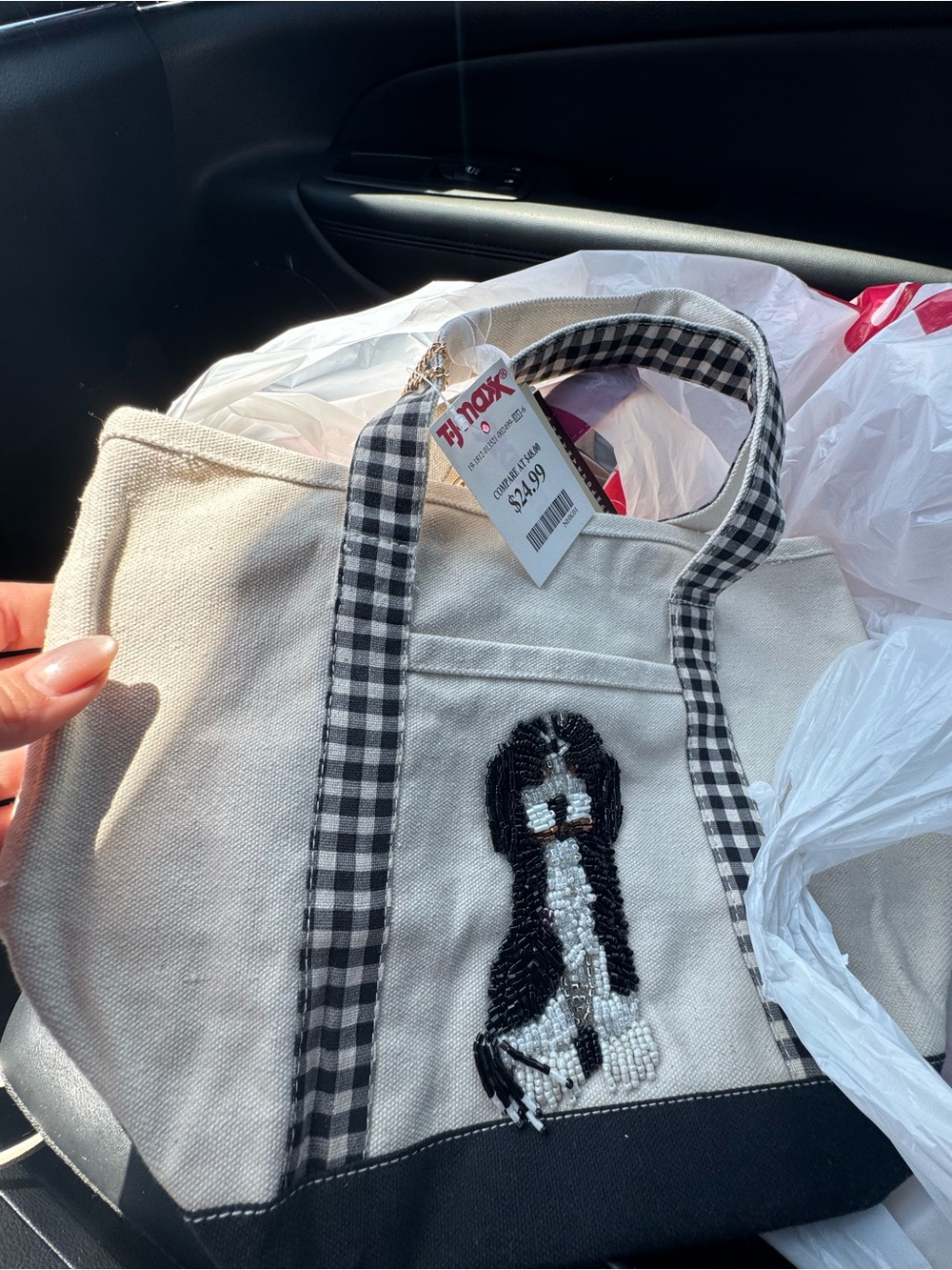 Viral beaded bag tote dog doodle bernadoodle